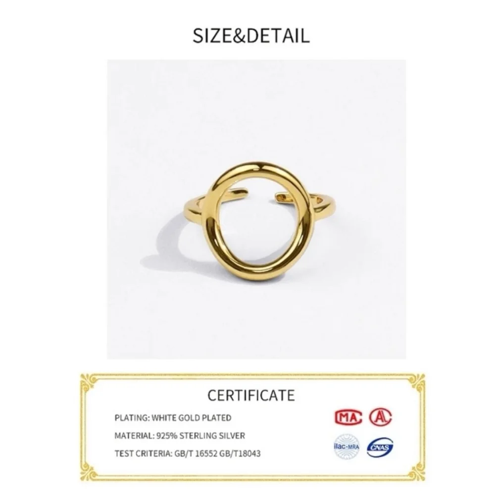 Unisex Geometric Open Circle‎ Karma Ring, White Gold Plated S925, Adjustable